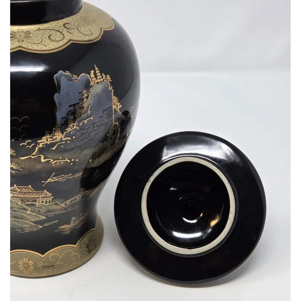 Vintage‎ Japanese Black Gold Ginger Jar Lidded Urn Scenic Landscape Decor